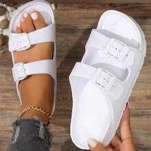 Women's White Sandals With Double Straps, EVA Slide Slippers With Buckle, Non-Slip, Lightweight, Durable, Soft, Comfortable, Shock-Absorbing, Suitable For Outdoor Beach - White - View 7