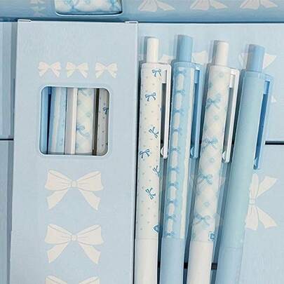 4支可爱可伸缩蝴蝶结中性笔，0.5mm细笔尖，黑色墨水，书写流畅，办公学习用品，卡通卡哇伊蓝色，女士适用（蓝色），串珠笔，水晶钻石装饰雕刻圆珠笔，趣味工作笔，美观笔，批量购买