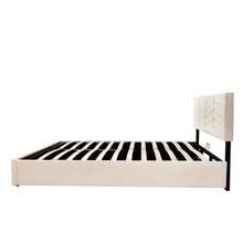 Cama tapizada 140x190 cm con somier de láminas y cabecero regulable en altura, para adultos y jóvenes, soporte de láminas de madera, fácil montaje, terciopelo beige. - Beis - Ver 9