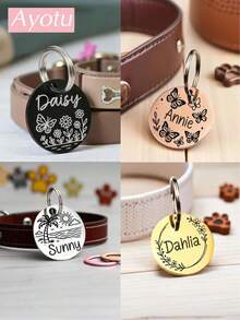 Ayotu 1pc Customizable Stainless Steel Pet ID Tag, Personalized Engraving On Front And Back, Circular Design For Dogs Cats, Dog Collar Tag, Pet Accessories, Pet Lover Birthday Gift - Multicolor - View 2
