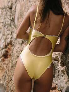 Women One-Piece Swimsuit Floral Lace Trim Spaghetti Strap Sleeveless Swimsuits Cute Padded Monokini Bathing Swimwear Suit Summer Beach Vacaion Outfits - 黃色 - 查看 2