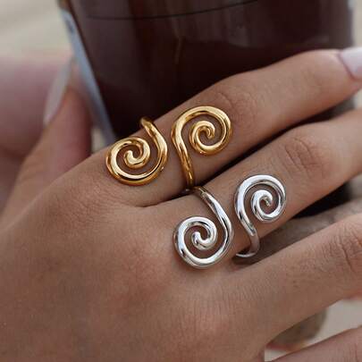 Uself 2 PCS / 1 PC Vintage Stainless Steel Metal Irregular Smooth Spiral Rings For Women 18K Gold Plated Waterproof High Qualityfor Daily Wear Vacation