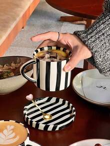 1 Set Retro Striped Ceramic Tea Cup & Saucer, Coffee Cup & Plate (With Love Spoon), Breakfast, Beverage, Tea Party, Afternoon Tea, Home, Garden, Restaurant, Suitable For Summer And Winter, Gift - Multicolor - View 12