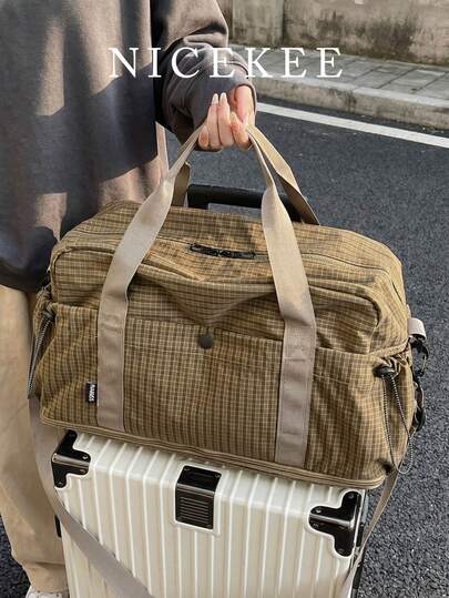 时尚格纹多功能行李包，简约休闲复古多口袋收纳包，带干湿分离袋，小巧设计，大容量，轻便，可折叠可扩展，适合短途旅行、商务出行和度假等。