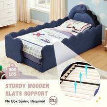 YOGLAD Twin Size Dinosaur Shaped Upholstered Bed Frame, 3D Dinosaur Headboard Platform Bed With Padded Guardrails, Bouclé Fabric Floor Bed, Solid Wood Slats And Reinforced Metal Frame, Space Saving Bed For Small Bedroom, Apartment, Modern Home Decor - 藏蓝色 - 查看 4