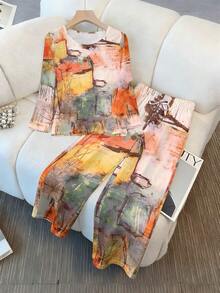 Four Seasons Two-Piece Set Woven Fabric Vacation Photoshoot Airport Crew Neck Top And Long Pants Set Casual Drawstring - Nhiều màu - Xem 5