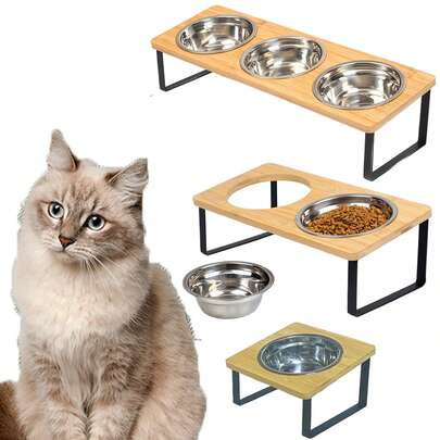1Set Raised Cat Food Water Bowl Elevated Tilted Kitty Dishes Set Of 2 Stainless Steel Dish For Indoor Cats Orthopedic Pet Food Stand Anti Vomiting 1/2/3 Bowl Cat Feeder Easy Assembly,Fashionable Pet Accessories With Sturdy Structure,Suitable For Dogs And Cats,Cat And Doog Bowl,Cat Stuff
