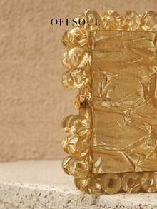 Retro Acrylic Gold Circle Clutch Bag, New Hard Box Rectangle Small Square Bag, Marble Pattern Party Event Handbag With Chain Strap - Gold - View 6