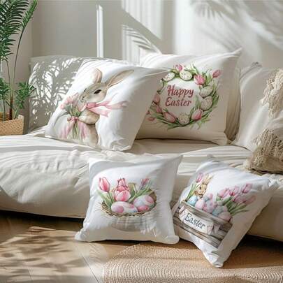 4pcs Easter Decorative Pillow Covers, Modern Style Pink Tulip Egg Rabbit Single-Sided Print, Soft Peach Velvet 45x45cm, Machine Washable Zipper Closure, Polyester Suitable For Various Rooms