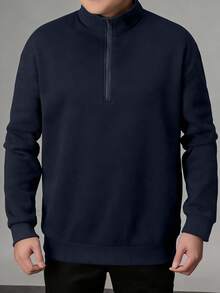 1件男士宽松半拉链领轻薄纯色卫衣 - 藏蓝色 - 查看 3