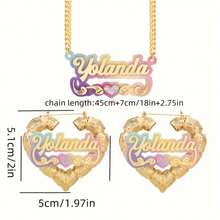 2pcs Customized Acrylic Name Necklace/Earrings Set, Rainbow Gradient & Heart Design, Cute Personalized Creative Birthday Gift, Includes English Letter Label, 50mm Heart Bamboo Knot And 17.72 Inch Curb Chain - 50mm Bamboo/Cuban Chain 17.72 Inch - Rainbow Gradient - View 3