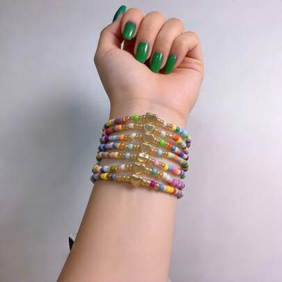 7pc Bohemian Style Colorful Rice Beads Bracelet Set For Women Fashion Heart Charm Elastic Beaded Chain Bangle Female Jewelry Gift