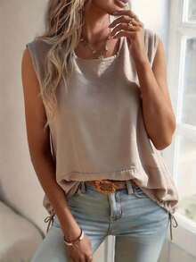 QueenCloset 女士夏季优雅休闲亚麻无袖T恤，卡其色圆领抽绳宽松背心，波西米亚风度假装，适合日常/通勤穿着 - 卡其色 - 查看 4