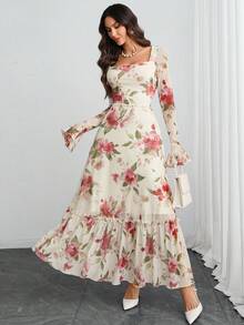 Women's Elegant Sexy Modern Luxurious Long Sleeve Y2K Romantic Ruffle Double Layer Printed Dress - Multicolor - View 6