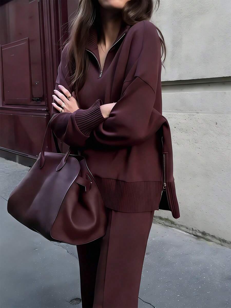 New Women's Solid Color Stretch Casual Two-Piece Set, Featuring A Long-Sleeved Turtleneck Zip-Up Top And Loose Straight-Leg Pants. Machine Washable And Suitable For Everyday Wear. - Màu Đỏ Sâu - Xem 1