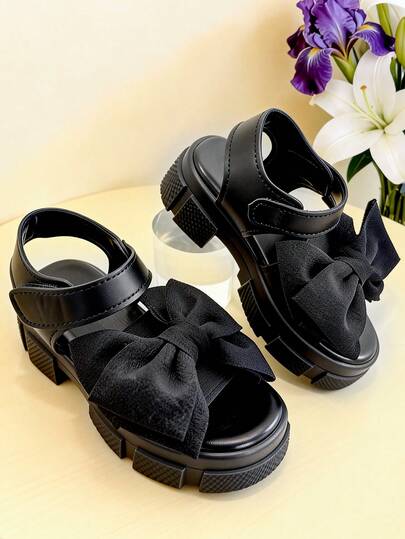 1 Pair Elegant Girls' High Heel Sandals, Fashion Children's High Heel Sandals, Black Fabric Floral Decor, Hook And Loop Design, Suitable For Daily Outing, Wedding Party, Summer Travel