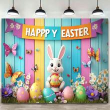 2Dflat, 1pc Easter Party Banner - Vibrant Happy Easter Design Of Bunnies, Eggs And Flowers, Durable Polyester Background Suitable For Anniversary, Easter Party Decoration | Vibrant Easter Theme - 1pcs - View 2