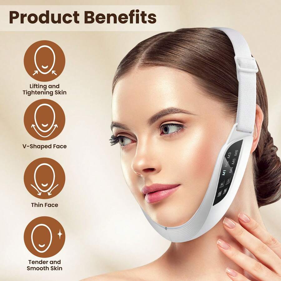 V Face Lifting Device Firming Facial Massager Facial Beauty Instrument Face Slimming Massager Double Chin Removal Electric Double Chin And Intelligent V-Shaped Face Machine With 6 Modes & 8 Adjustable Intensities - 白色 - 查看 1