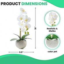 Flores Artificiales con Maceta Plateada Orquídeas Sintéticas Grandes para Decoración del Hogar Centro de Mesa de Interior o Baño-B029 - Plata y blanco - Ver 4