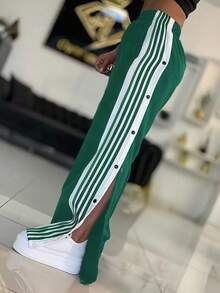白色和藏蓝色条纹阔腿裤，白色条纹，纽扣门襟，休闲舒适，适合运动和日常穿着，可机洗，裤脚无弹力，春季款 - 綠色 - 查看 1