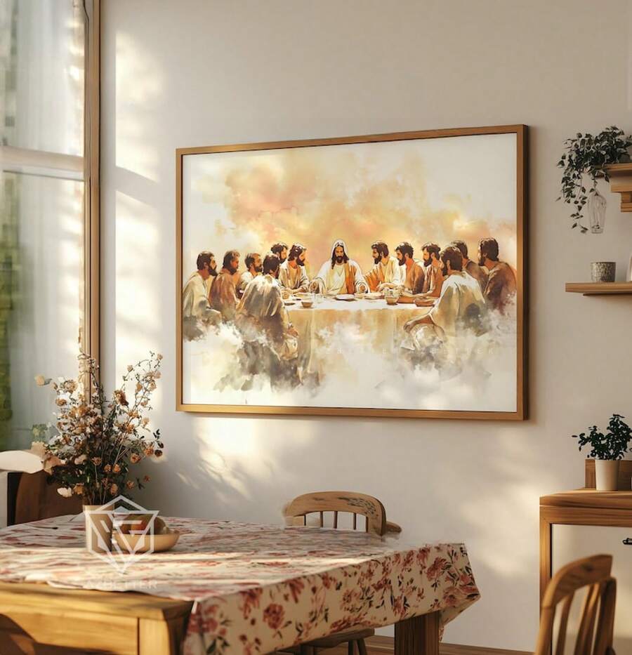 1Pc Wooden Frame Wrapped Canvas Painting,"The Last Supper", A Portrait Of Jesus Christ And His Disciples, Modern Living Room And Bedroom Wall Decoration, Home And Office Wall Decoration, Perfect Gift And Home Decoration, Wrapped Canvas Painting, 2D Flat - quả mơ - Xem 1