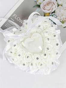 白色心形水晶结婚戒指枕，戒枕，水晶玫瑰蕾丝婚礼派对周年纪念情人节仪式靠垫 - 彩色 - 查看 12