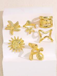 6Pcs Vintage Punk Flower Starfish Rings Set For Women Metal Multilayer Pearl Luxury Knuckle Ring Jewelry Gifts - Yellow Gold - View 4