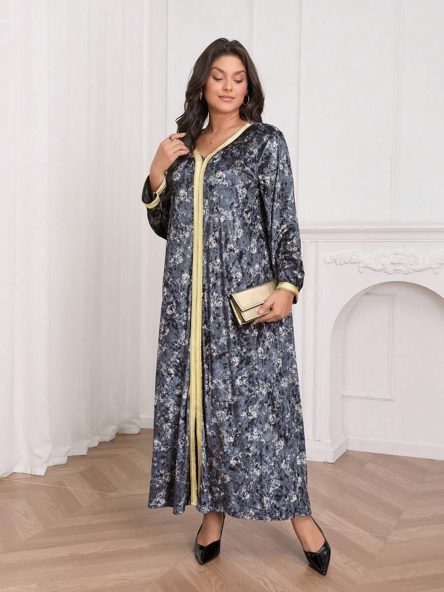 Plus Size V-Neck Long Sleeve Knit Printed Split Dress, Elegant Spring - Dusty Blue - View 1