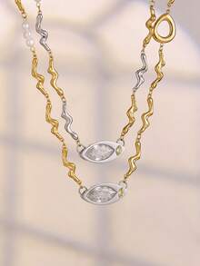 1pc European & American Style Zirconia Eye & Cultured Pearl Textured Necklace, Stainless Steel Jewelry - P706 - Necklace - View 4