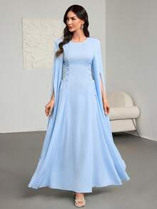 Vestido azul de línea A elegante para primavera/verano de mujer - Manga larga, cintura con lazo, abertura lateral, vestidos de verano para mujer, atuendos de playa para mujer, vestidos elegantes para fiesta, vestido de invitada de boda, vestido elegante para mujer - Azul - Ver 4