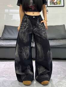 1件女士时尚阔腿牛仔裤，艺术豹纹印花，宽松舒适，百搭街头风，四季皆宜（不含腰带/配饰） - 黑色 - 查看 8