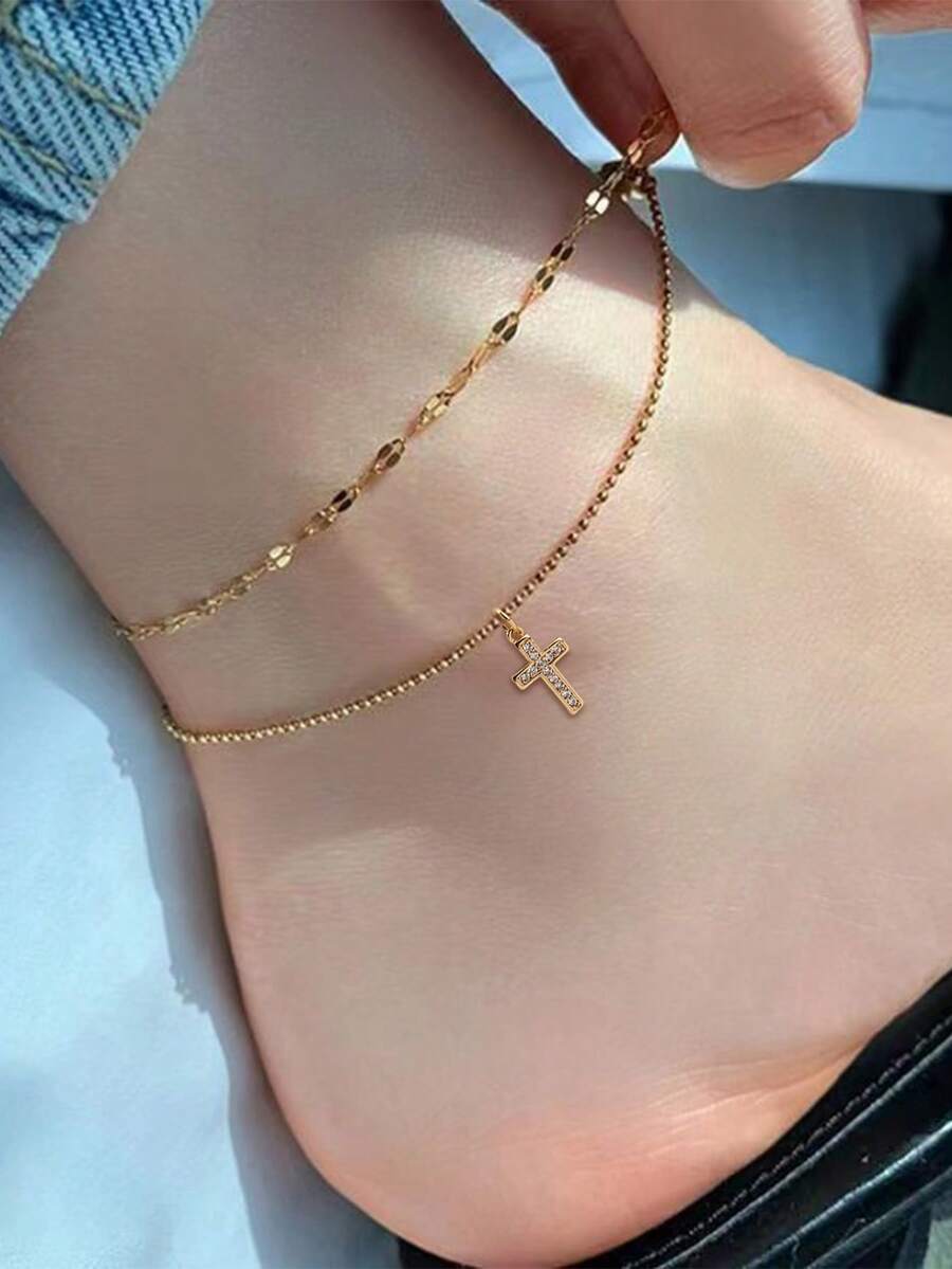 2pcs Rantai Bibir Elegan Tembaga Faith, Set Gelang Kaki Salib Zirkonia Tembaga untuk Wanita, Musim Panas Pantai - Yellow Gold - View 1