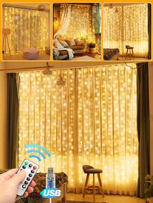 1pc 300 LED Curtain Fairy String Lights With Remote Control, 8 Modes, 9.8x9.8ft, USB Plug, Suitable For Bedroom, Indoor, Outdoor, Wedding, Party - Curtain Lights - View 2