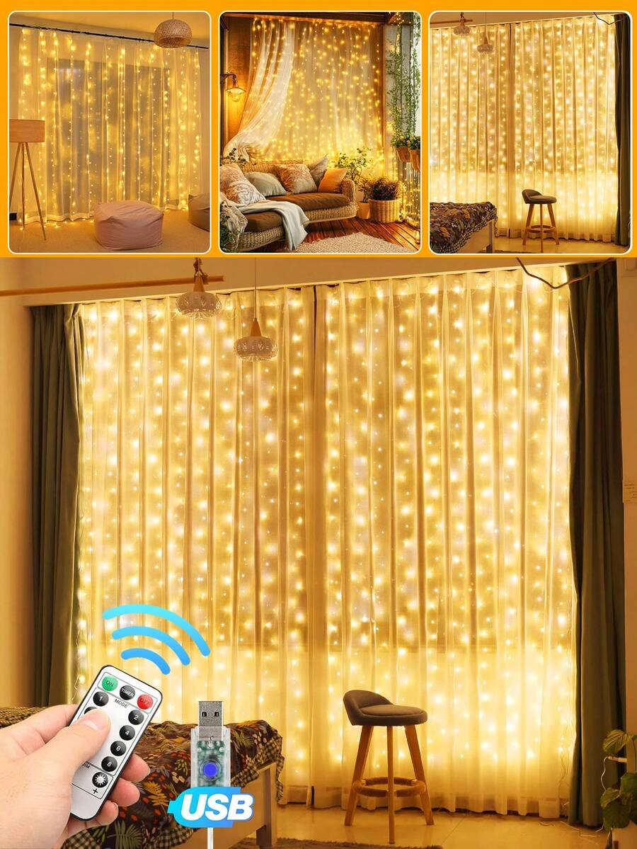 1pc 300 LED Curtain Fairy String Lights With Remote Control, 8 Modes, 9.8x9.8ft, USB Plug, Suitable For Bedroom, Indoor, Outdoor, Wedding, Party