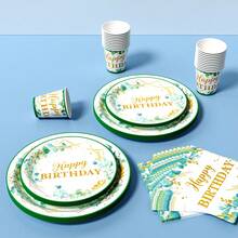 桉树叶金箔生日快乐一次性餐盘、餐巾纸、杯子套装，派对用品，可供8位客人使用，一次性纸盘，派对餐具，适用于生日、婚礼、主题派对、家庭野餐 - 彩色 - 查看 5