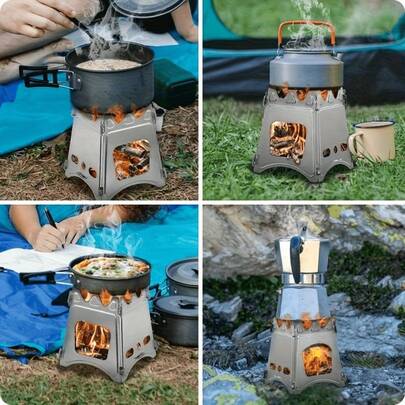 Estufa de combustible de madera portátil para camping - Se puede usar con carpas para fogatas al aire libre, estufa plegable y ligera para mochila con rejilla y respiraderos de madera, estructura de acero inoxidable adecuada para camping, senderismo, caza, barbacoa, supervivencia, cocina al aire libre en el patio trasero y calefacción de emergencia
