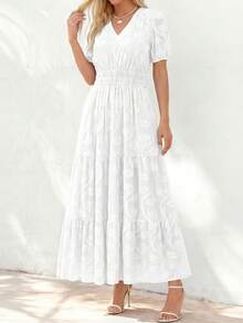 Women's Boho Maxi Dress, Summer Short Sleeve V-Neck Floral Flowy A-Line Long Dress, Formal For Wedding Guest & Baby Shower - 白色 - 查看 3