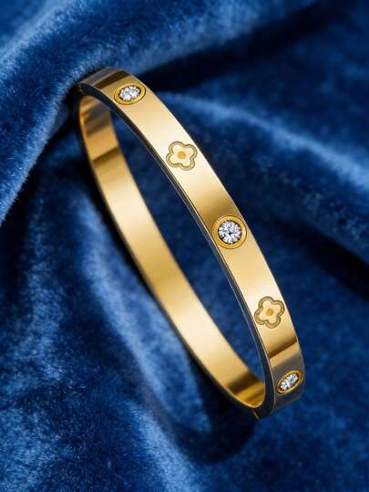 1 pieza Pulsera de acero de titanio con flor de trébol de cuatro hojas y circonita, de moda para mujeres, adecuada para el Día de San Valentín, citas, uso diario