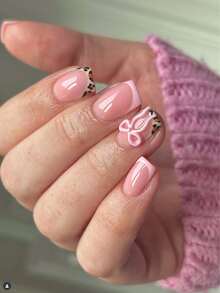 24pcs French Tip Acrylic Press On Nails Short Square Press On Nails Leopard Pattern Decoration 3D Pink Bows Design Minimalist Y2K Style Surface Glossy Full Cover Fake Nails For Women And Girls Daily Wear Nail Supplies - Multicolor - View 1