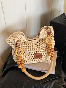 Small Design Hollow Seaside Holiday Style Shoulder Bag.Fashionable And Beaded Shoulder Strap Personalized Underarm Bag Elegant Women's Crossbody Bag, Equipped With An Adjustable Long Shoulder Strap,Suitable For Daily Vacation And Travel - Beige - View 6