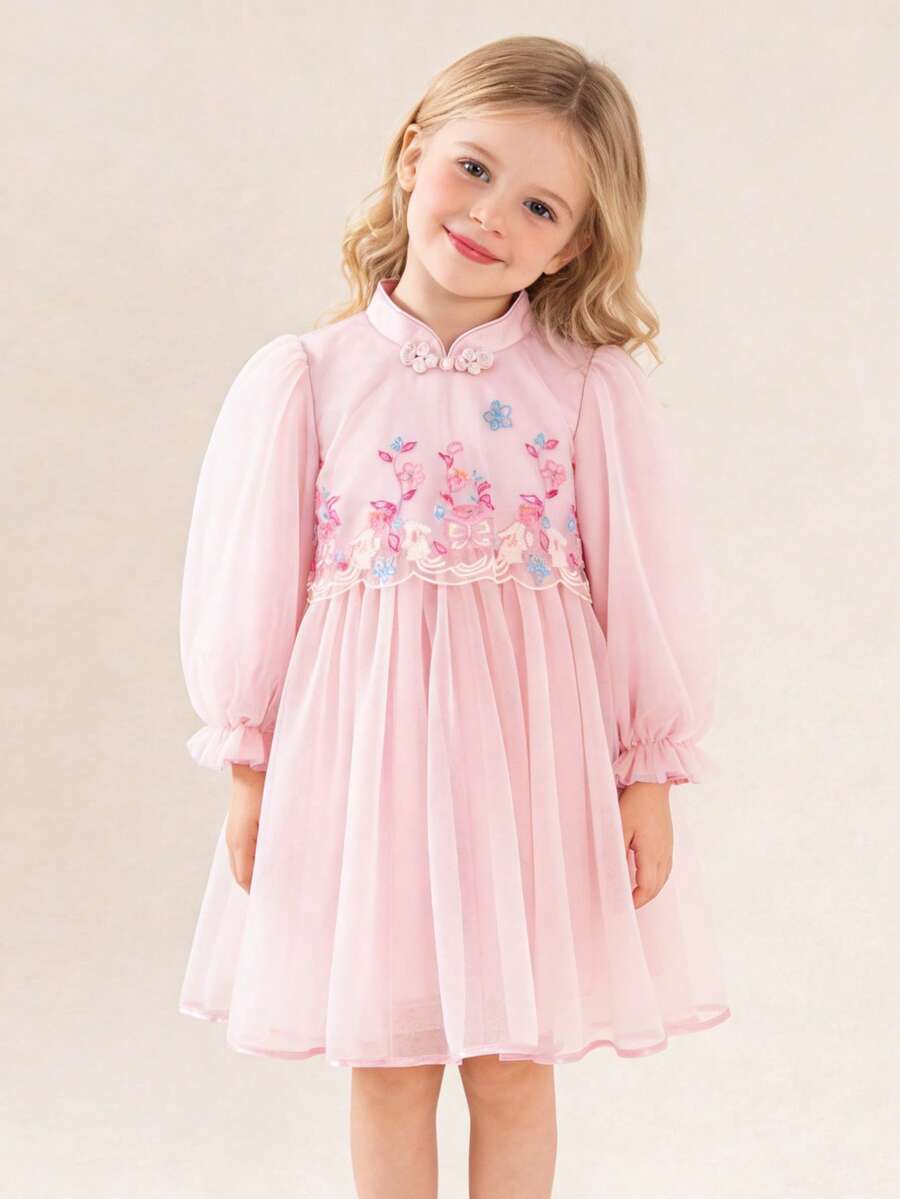 mini bala 2025秋季新款女童网纱连衣裙，中国风甜美柔软内衬