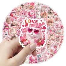 50PCS Valentine's Day Cute Cat Pink Romantic Heart Series Graffiti Stickers, Waterproof Stickers Suitable For Decorating Phone Cases, Laptops, And Water Cups, Perfect Gift Choices For Easter, Valentine's Day, And Parties - Square - View 5