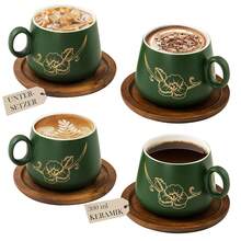 Yundu Matt-Keramik Cappuccino Tassen Set 4er-Set – 300ml Cappuccino Tassen mit Holzuntersetzern & Goldblumen-Design, Kaffeetassen Set mit Untertasse für Latte Art, Espressotassen, Tee-5714 - Mattgrün - Übersicht 1