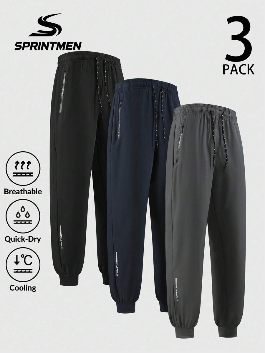 Set de 3 pantalones deportivos para hombres de secado rápido y transpirables, pantalones jogger ligeros con absorción de humedad, cintura con cordón y bolsillos con cremallera, adecuados para fitness, correr y uso casual - Multicolor - Ver 1