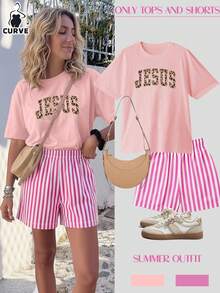 大码女式豹纹字母印花休闲宽松短袖T恤和条纹短裤两件套，适合外出、情人节、周年纪念日、浪漫礼物、女友礼物、情侣装，优雅粉色 - 粉色 - 查看 2