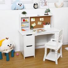 Juego de computadora y Silla para niños y niñas, Mesa de Escritura de Madera para niños con estantería, tablón de anuncios y gabinetes para Edades de 3 a 8 años - Blanco - Ver 5