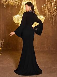 UNITHORSE 女士立领长袖修身亚麻晚礼服 - 黑色 - 查看 2