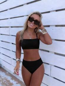 2pcs/Set Solid Black Bandeau Bikini Set With Removable Straps, Smocked Textured Swimsuit, Stretchy Ribbed Bathing Suit For Graduation, Valentine's Day Date & Summer Beach Party - màu đen - Xem 1