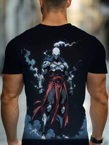 3D Printed Men'S T-Shirt With Anime Warrio | Lightweight, Dark Blue, Crew Neck, All Over Print, Durable And Comfortable Fit For Casual Wear At Home Or Cafe - màu đen - Xem 2