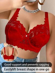 Plus Size Women Fashion Lace Patchwork Underwire Bra - Red - View 6